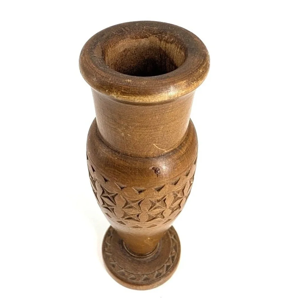 Antique Hand-Turned Carved Wooden Bud Vase Folk Art Primitive Decor c. 1900–1940